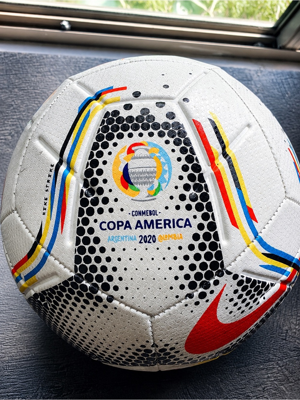 Nike White Copa America 2020 Soccer Ball with Red Swoosh and Multicolor Accents